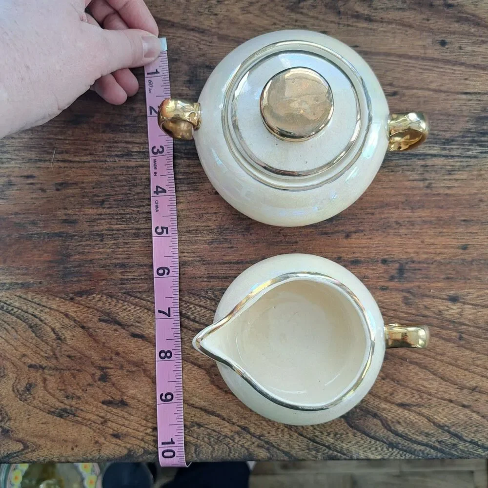 Vintage 60's 2pc Set Chic Pottery Ohio Sugar Creamer Bowl Dish Lusterware Gold